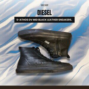 Diesel S-Athos DV Mid Black Leather High-Top Sneakers With Side Zipper Lace-Up C